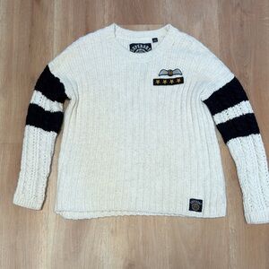 Superdry Cream Cable Knit Crewneck Sweater with Black Sleeve Bands